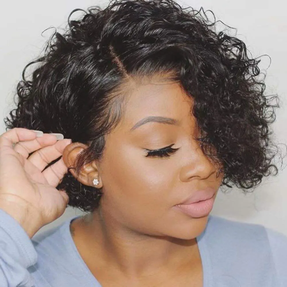 In Stock 6'' 13x4 Front Lace Bob Wig Pixie Cut 100% Human Hair Water Wave Texture For Black Women