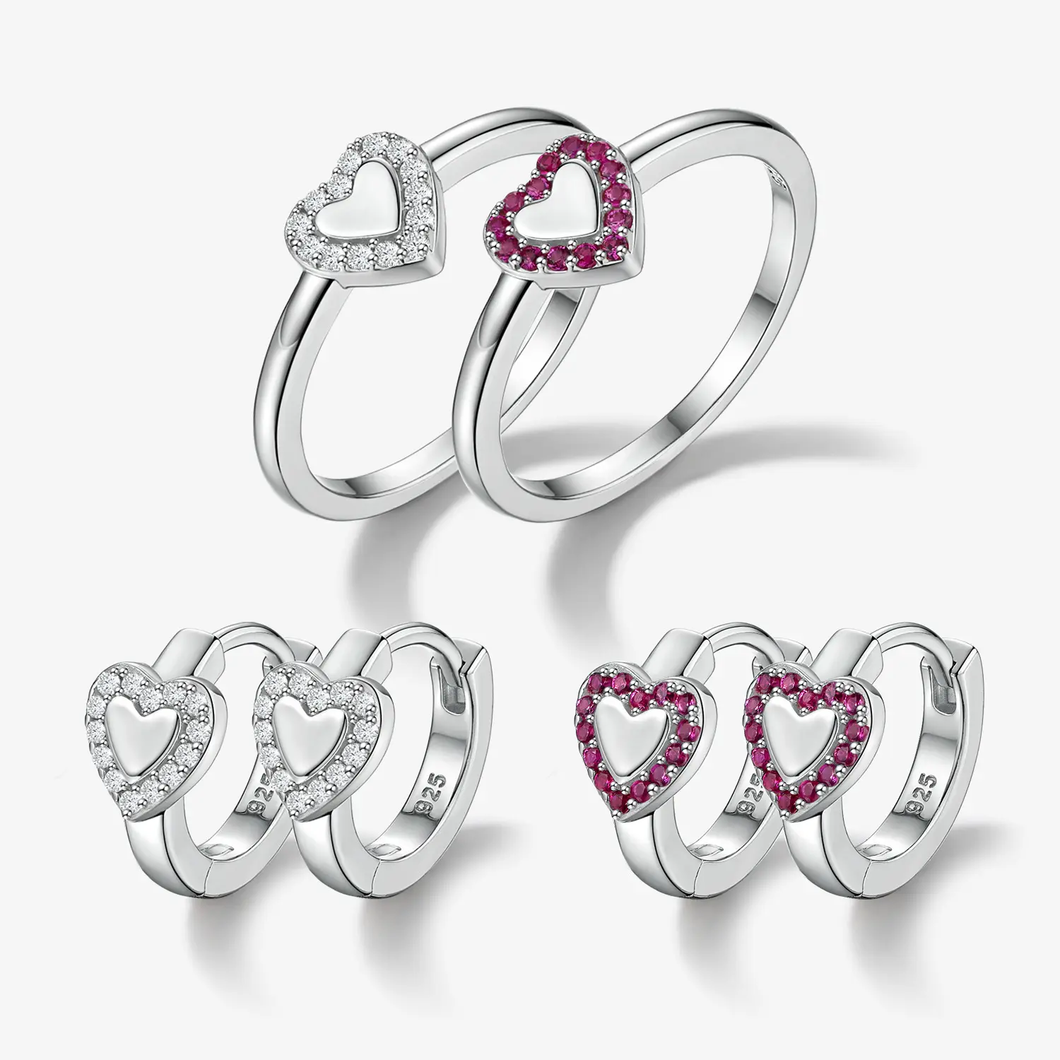 Mujeres moda plata 925 pequeños pendientes de aro circón amor corazón pendientes corazón anillo joyería fina s925 anillo pendiente conjunto