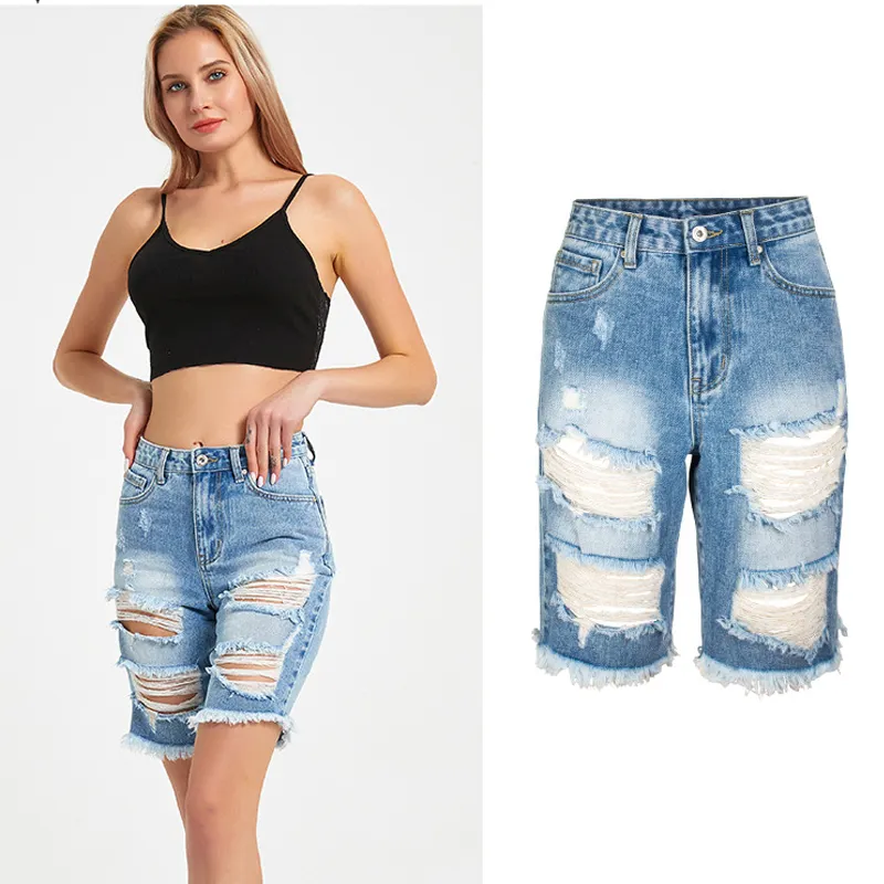 Jeans da donna stile America personalizzati estate Streetwear Jeans corti in Denim da donna a vita alta con foro grande Bermuda Jean Shorts ammorbidente