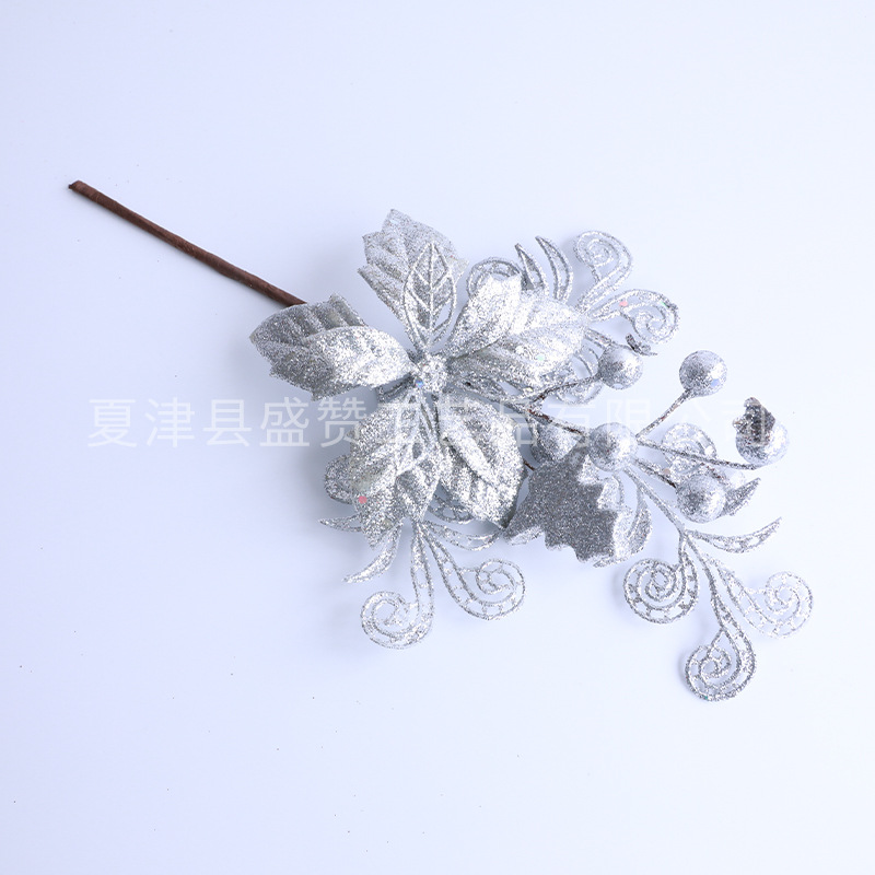 Branche de grande fleur de fruits rouges argentés brillants-31cm