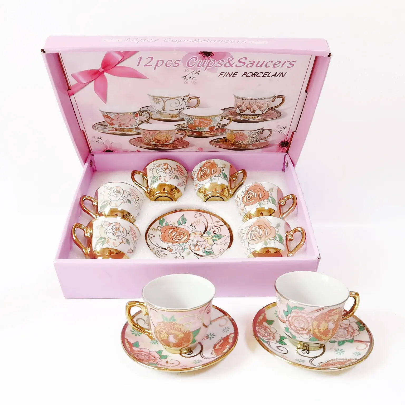 Tazas y platillos de cerámica europea, tazas de café chapadas en oro y porcelana blanca, regalo promocional, juego de té barato de 12 piezas