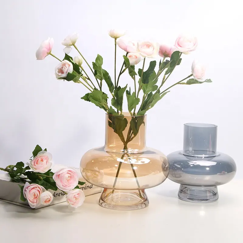 Vase rond en verre ambre fait à la main, grand Vase en verre ambre clair de décoration de maison pour fleur