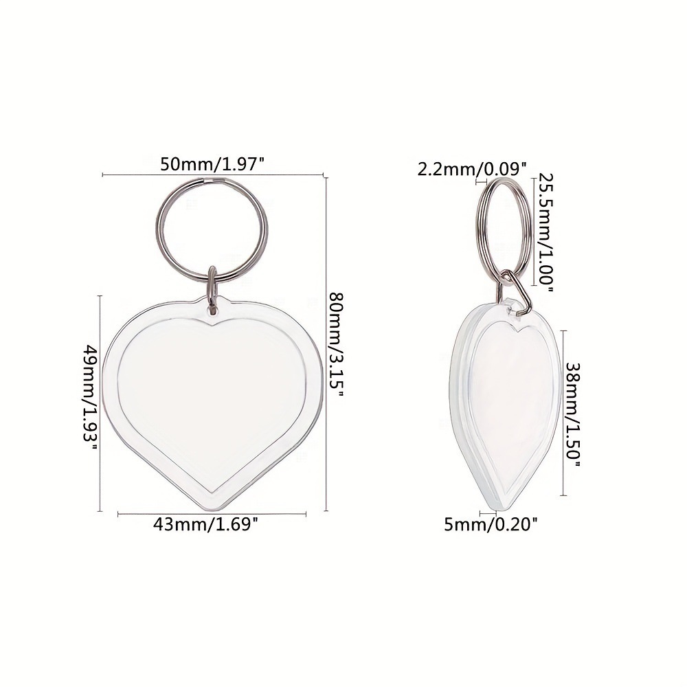 Porte-clés en forme de cœur, transparent et coloré en acrylique