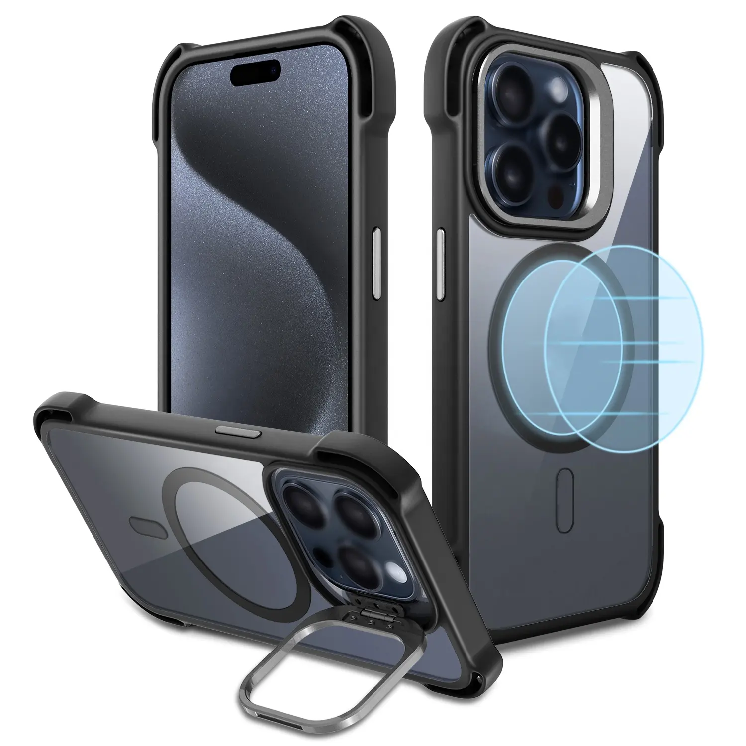 लक्जरी आईफोन केस अलॉय मैग्नेटिक आईफोन केस कैमरा रिंग किकस्टैंड फोन केस सूट आईफोन 15 16 प्रो मैग्नेटिक किकस्टैंड कवर के लिए