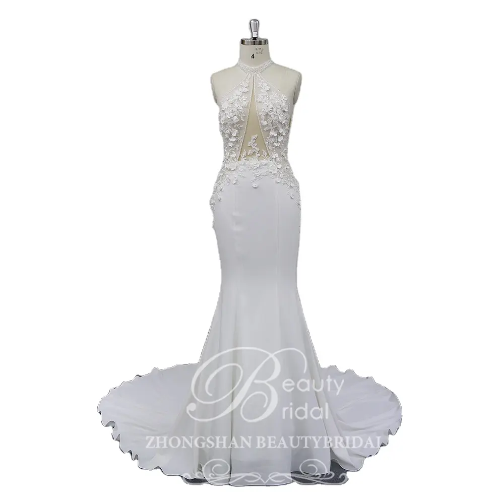 Immagine reale di abito da sposa mermaid fit crepe abito da sposa di lusso con bordare intorno al collo e la chiave del foro sul retro