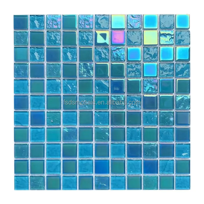 Mosaico de cristal personalizado para piscina, azulejo de cristal decorativo para pared, Color iridiscente arcoíris, azul cielo, Verde