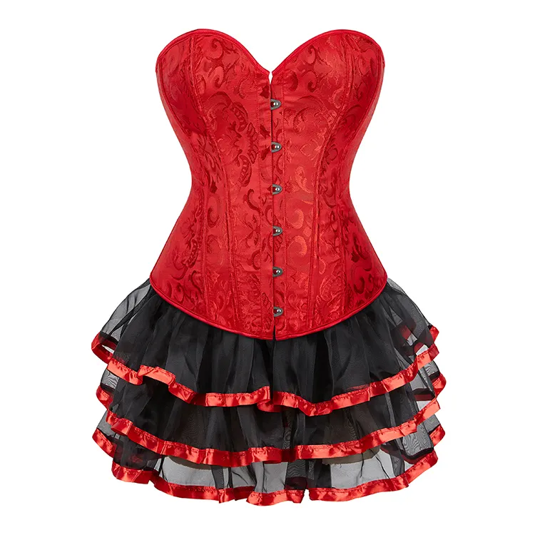 Conjunto de vestido overbust espartilho floral jacquard cintura vermelha Bustier Top com saia de malha em camadas