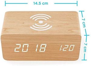 Reloj despertador digital de madera con carga inalámbrica Reloj digital LED con visualización de temperatura y fecha Reloj despertador - Product Image 2
