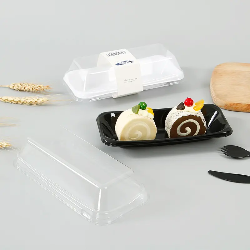 Embalagem de bolo retangular preto e branco, atacado, logotipo personalizado, descartável, transparente