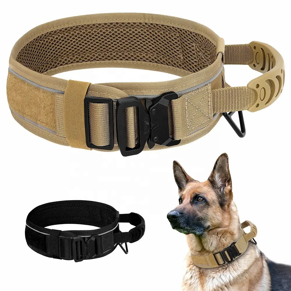 Hot Koop Hondenhalsband Nylon Met Handvat Verstelbare Reflecterende Strip Medium Grote Zware Metalen Gesp Tactische Hond Halsbanden