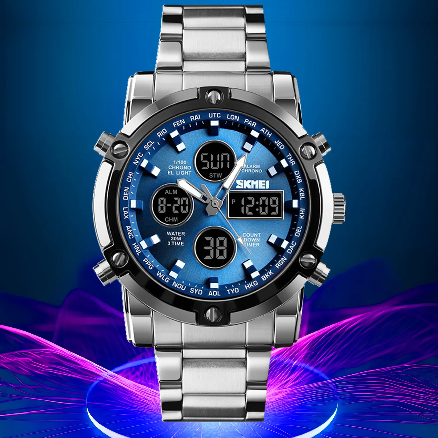 SKMEI 1389 3ATM Water Resistant Stainless Steel Watch Mens Fashion Relógio de pulso 3 tempo analógico digital quartzo relógio para homens