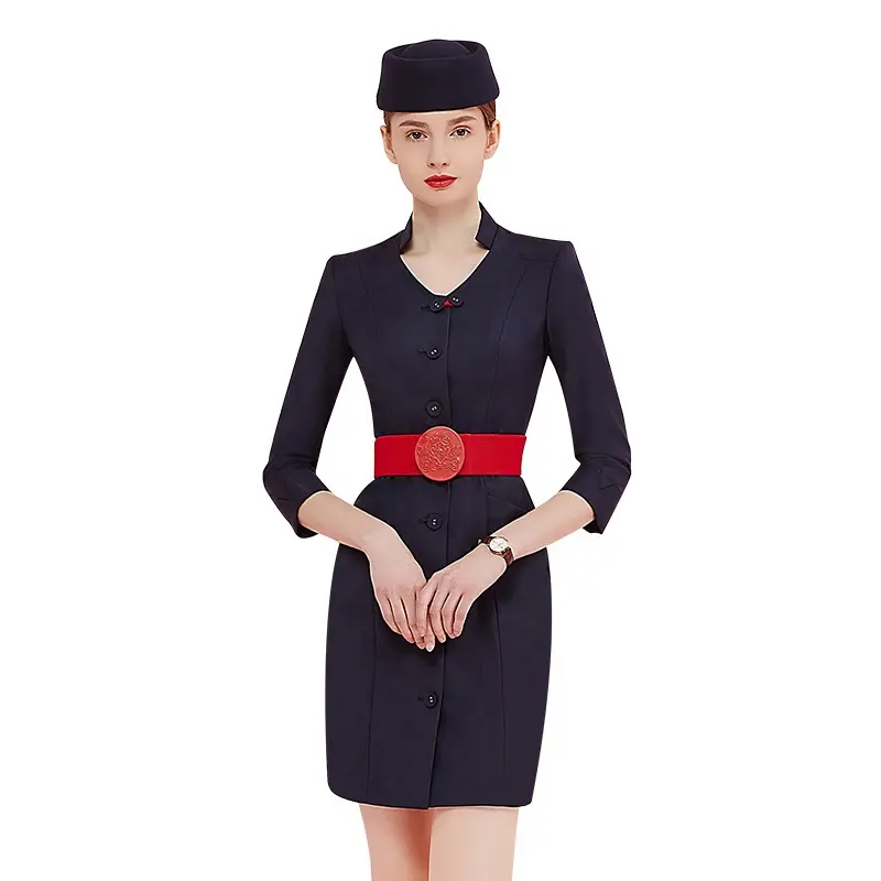 Blazer à simple boutonnage en tissu personnalisé uniformes de travail en ligne aérienne uniforme d'hôtesse de l'air élégant robe longue manteau global