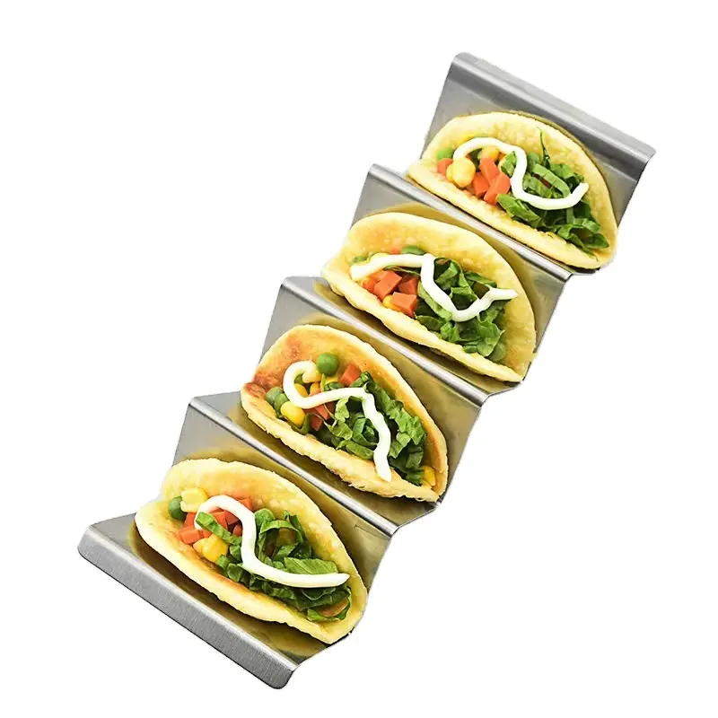 Vente en gros de support élégant pour camion de nourriture en métal support pour taco en acier inoxydable support de service 3 plateaux à tacos sans danger pour le lave-vaisselle, le four et le gril