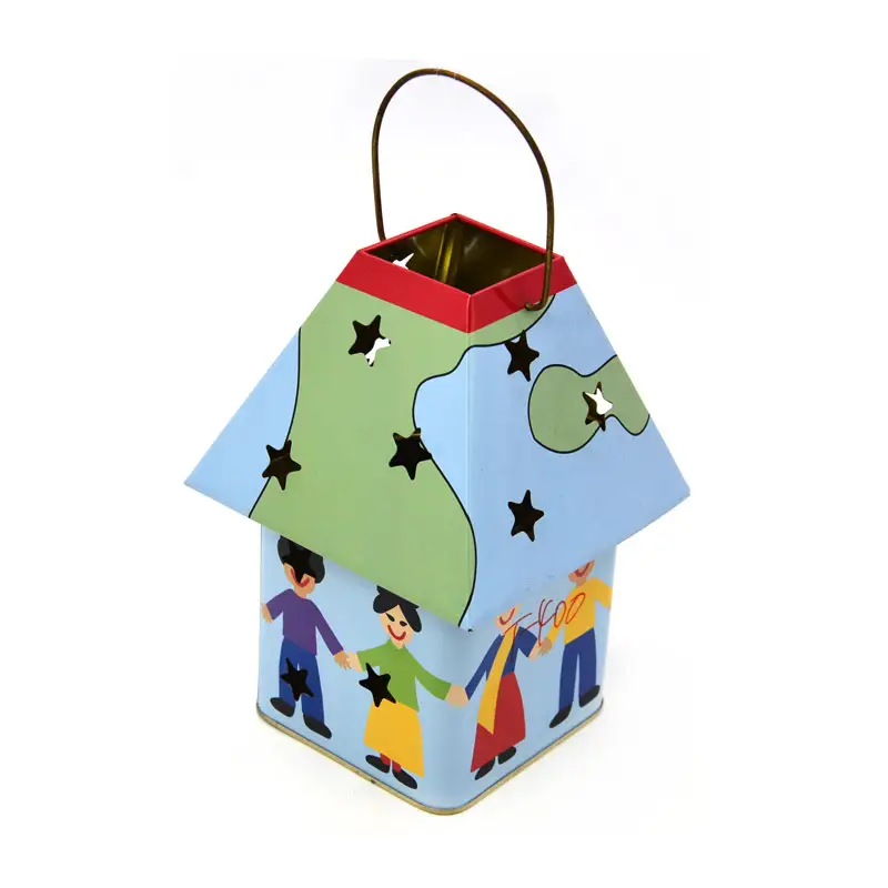 Tarro Presente Caja de hojalata Casa Forma irregular Linterna Latas Metal Navidad Embalaje para niños con asa Comida Caja de dulces DGCC personalizado