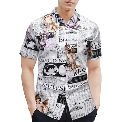 Camisa de manga corta para hombre y mujer, camisa de algodón con estampado digital de periódico de Ángel a la moda, informal, gran oferta