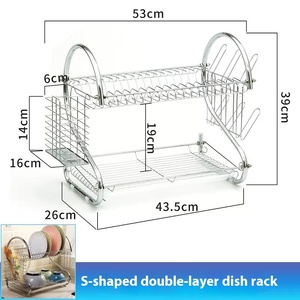 <strong>S</strong>-Shape Double-Layer <strong>Dish</strong> <strong>Rack</strong> Metal Kitchen Storage <strong>Rack</strong> with Drainage for Dinnerware and Tableware Storage