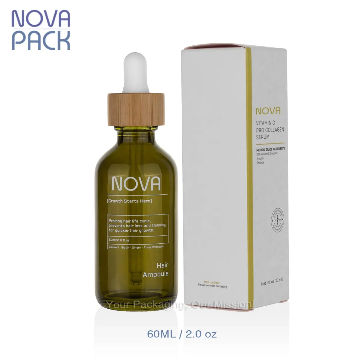 Confezione cosmetica in bambù flacone rotondo boston da 1oz 2oz flacone contagocce per olio essenziale per capelli in vetro verde oliva flacone di siero da 30ml 60ml