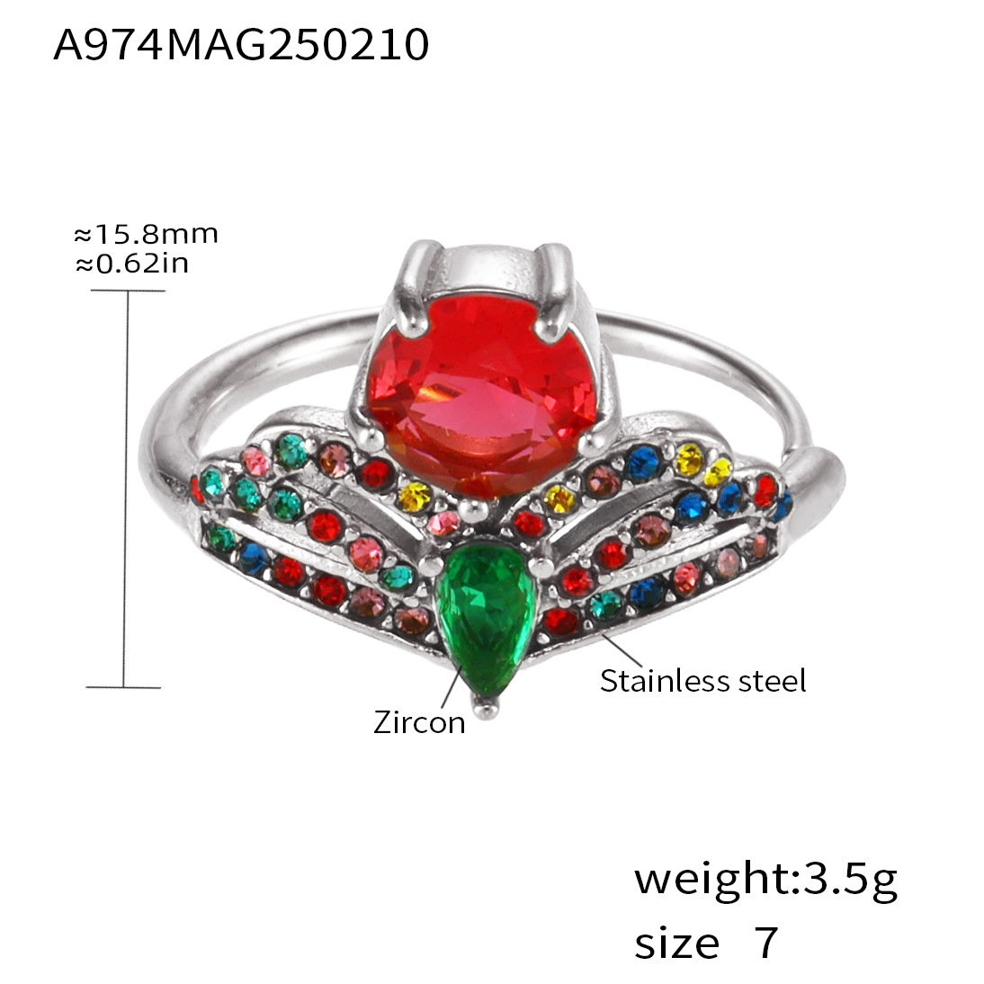 A974- Anillo de circonitas de colores mixtos color acero