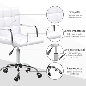HOMCOMホワイトPUレザーオフィスチェア5回転ホイール付きパッド付き高さ52.5x54x84-99cm