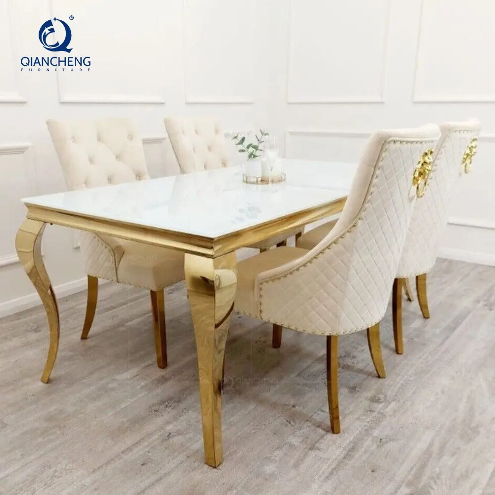 QIANCHENG table à manger en verre blanc or, prix de gros, ensemble de 6 chaises, meubles de salle à manger de luxe pour la maison