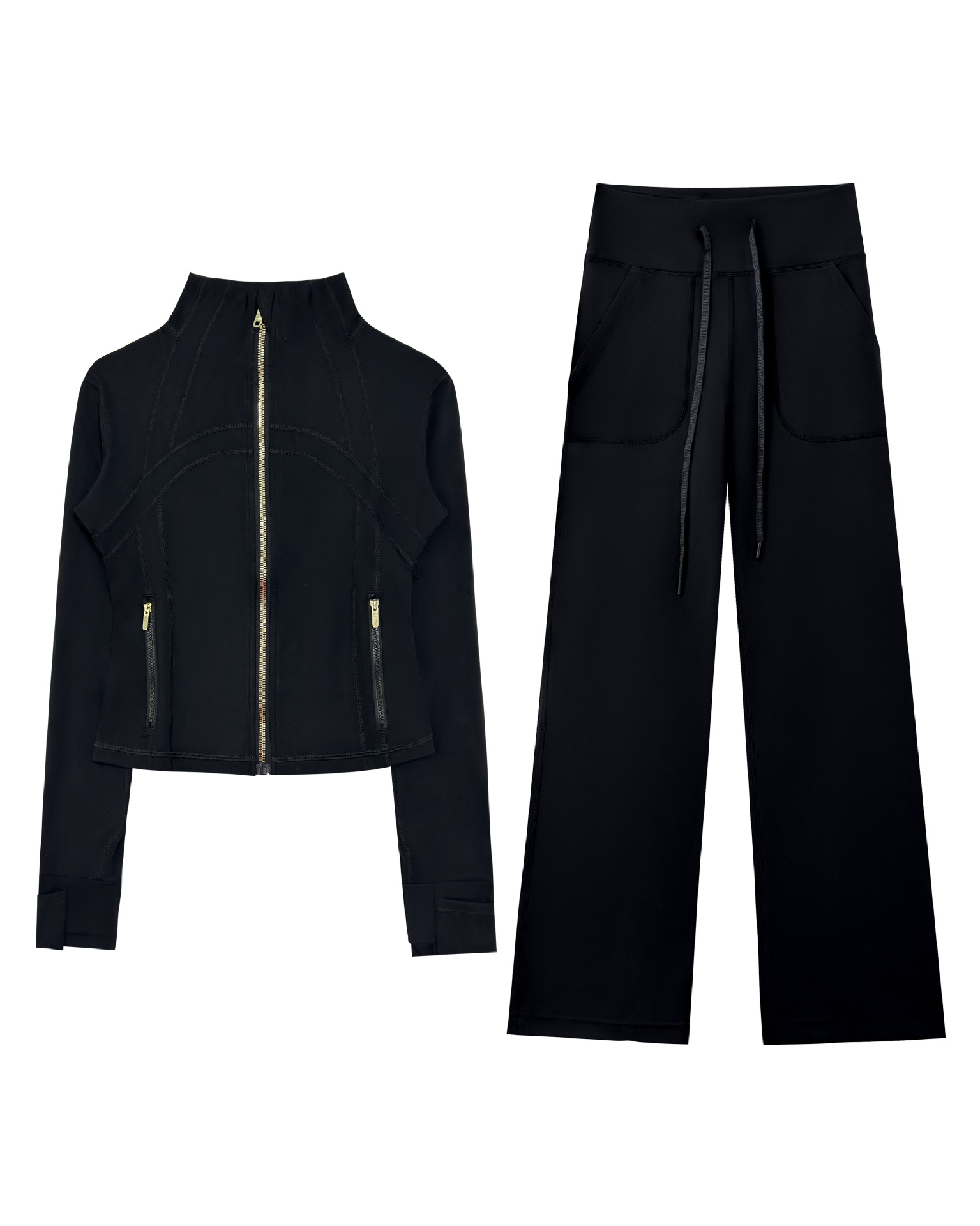 Haut noir à bretelles dorées + pantalon à jambes larges