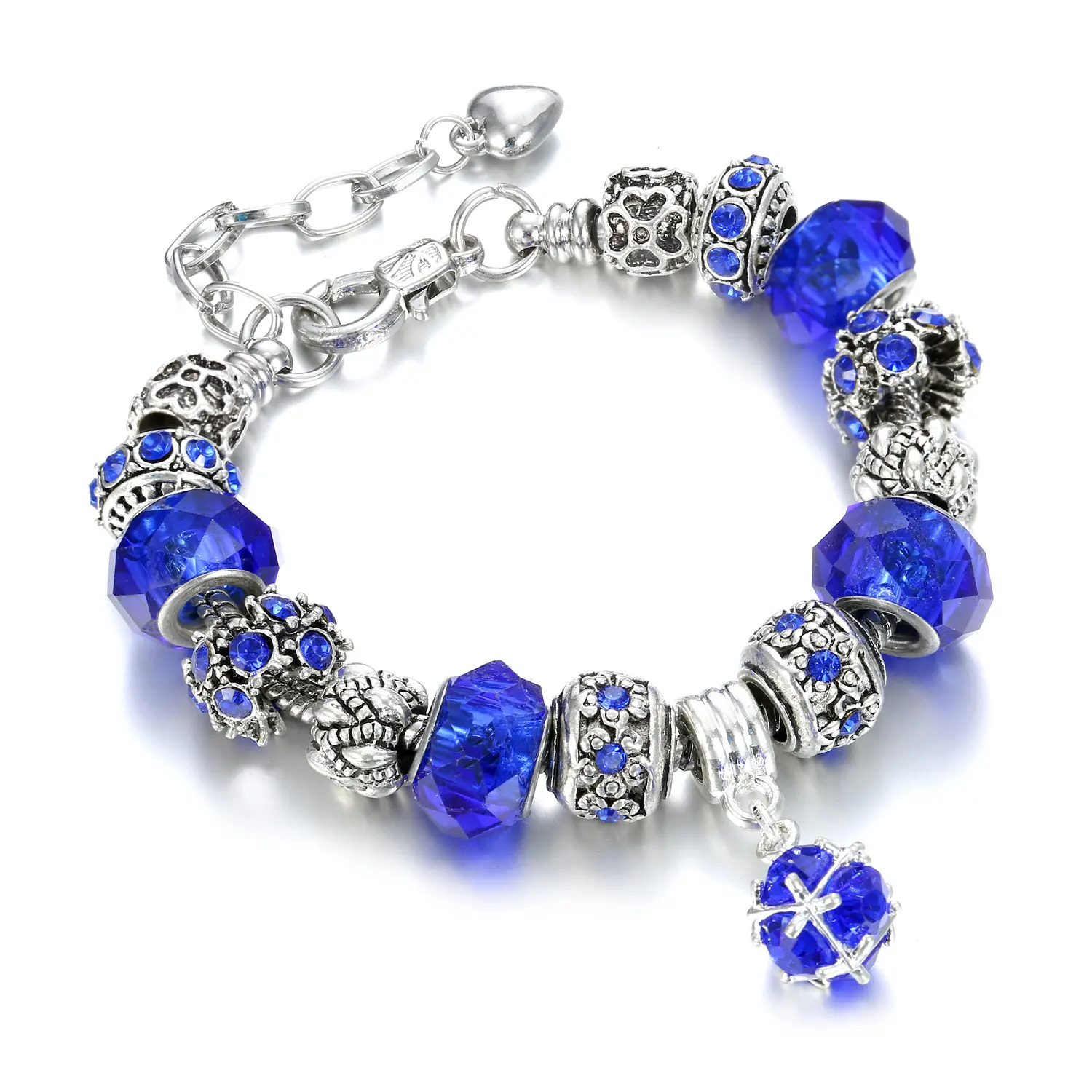 Moderne Silber Überzogene Blau Murano Glas Kristall Perle Charme Armband Regenbogen Farbe Funken Kristall Ball Charme Armband Für Mädchen