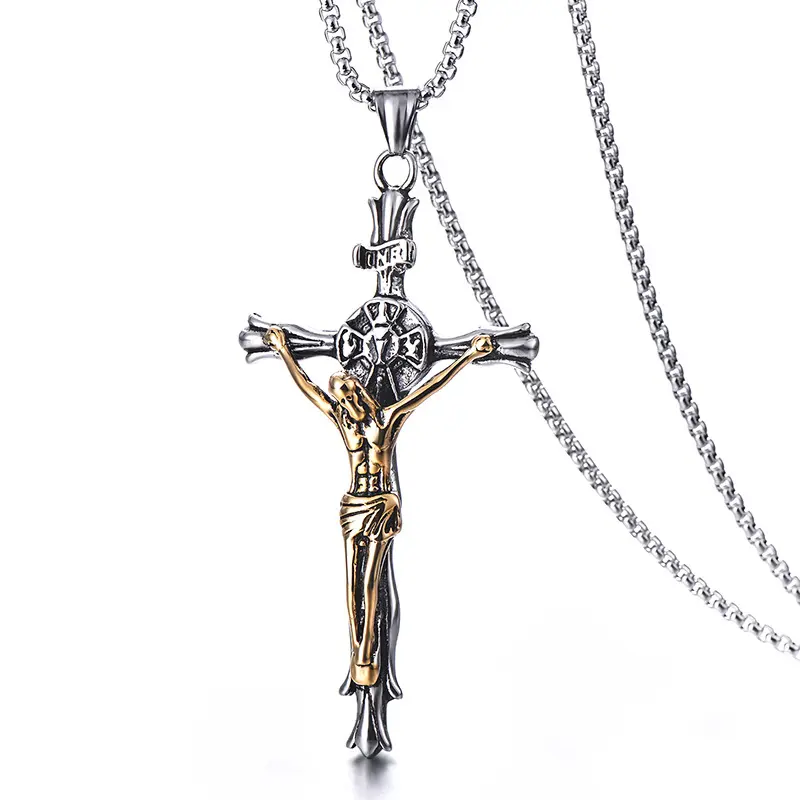 Mode Vintage Bijoux Hip Hop Crucifix Croix Religieux Catholique Argent Plaqué Or Chandail Chaîne Charme Pendentif Collier