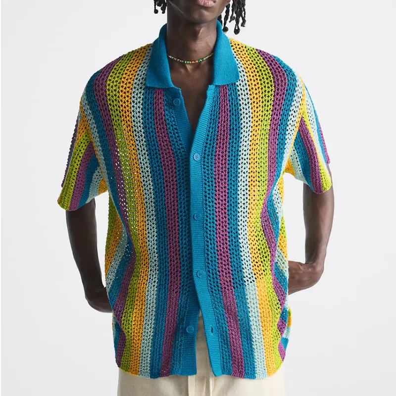 Crochet knit summer stripped multi color button down cardigan knitwear men mesh short sleeve polo knitted crochet men's t-shirts