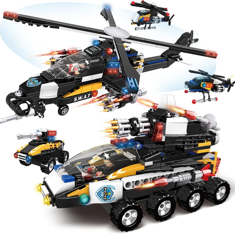 市警察SWATチーム軍用車両ビルディングブロックモデルおもちゃ小型レンガDIYヘリコプタービルディングブロックアセンブリおもちゃセット