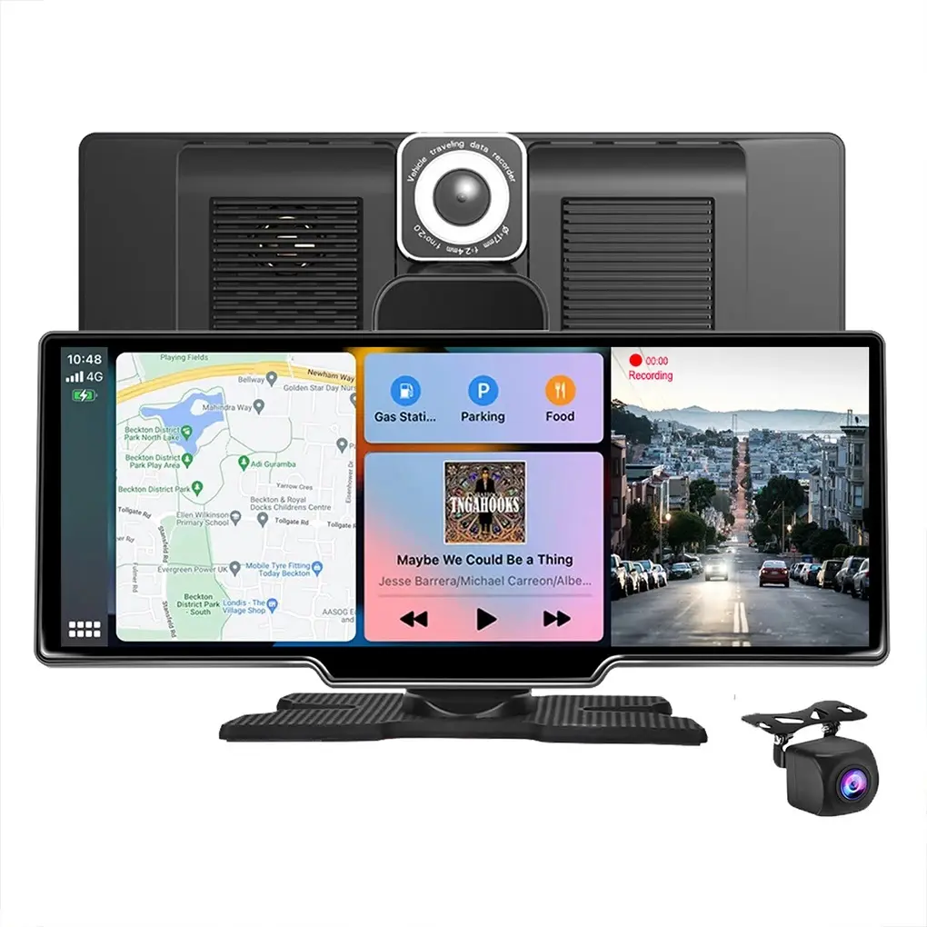 DVR portátil com tela sensível ao toque HD IPS para carro, lente dupla, com painel de 10,26" sem fio, para Android Auto e Carplay com cartão TF