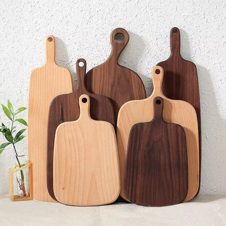 Planche à découper personnalisée en bois de bambou, en bois de hêtre, noyer, acacia, avec poignée pour la cuisine, vente en gros