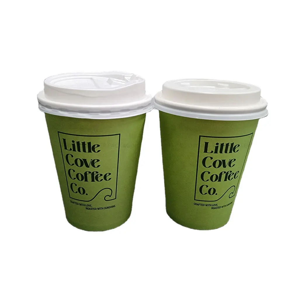 Copo de papel de parede dupla com tampa para café quente verde com isolamento térmico personalizado com logotipo 6 onças 8 onças 10 onças