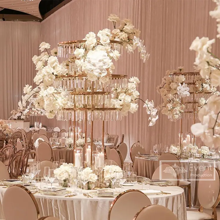 Centro de mesa de boda de Metal dorado con patrón exquisito de alta calidad, soporte grande de flores de acero inoxidable, vela de cristal, Decoración de mesa