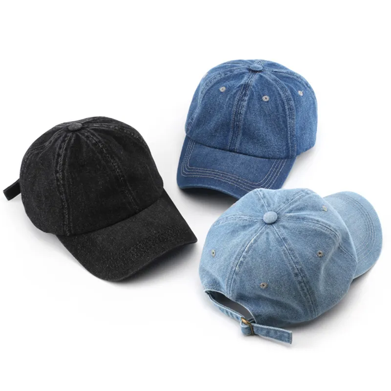 Venta al por mayor llano Negro Azul 6 panel de ala curva material vaquero gorras de Jean venta sombreros de vaquero de las mujeres