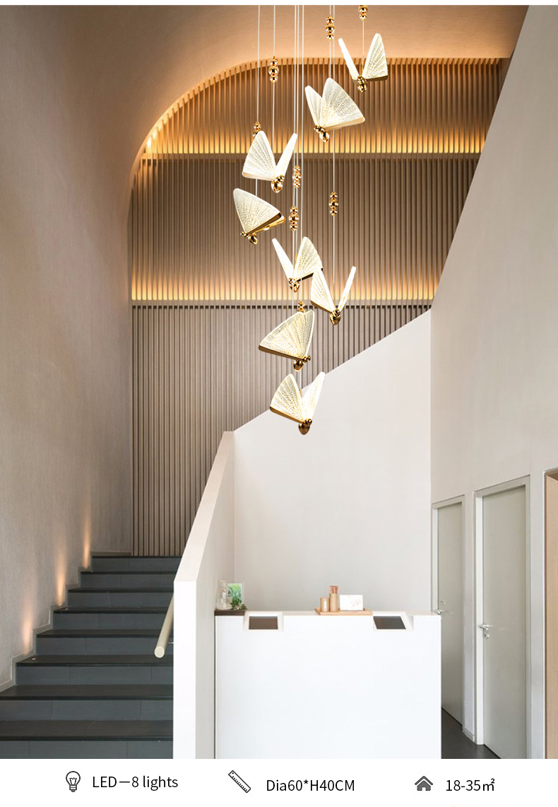 2021 New design morden Luxury restaurant Spiral staircase Duplex floor Butterfly LED pendant light