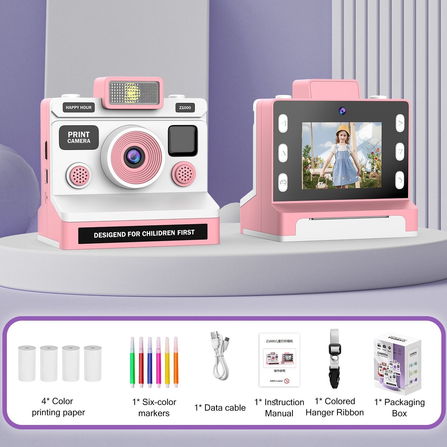 Fotocamera Z1000 a colori rosa - 4 rotoli di carta con cordino