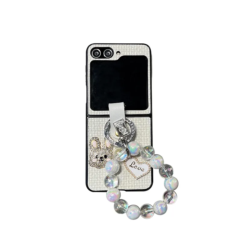 Casing ponsel berlian imitasi, casing ponsel kotak-kotak kelinci dengan cincin pegangan dan tali tangan Flip layar lipat bentuk hati untuk Samsung zflip5 zflip4 3 5