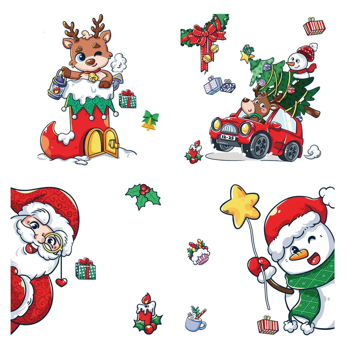Nuevo diseño personalizado dibujos animados Navidad ventana pegatina decoración de pared dibujos animados electricidad estática pegatina corona Santa Feliz Navidad