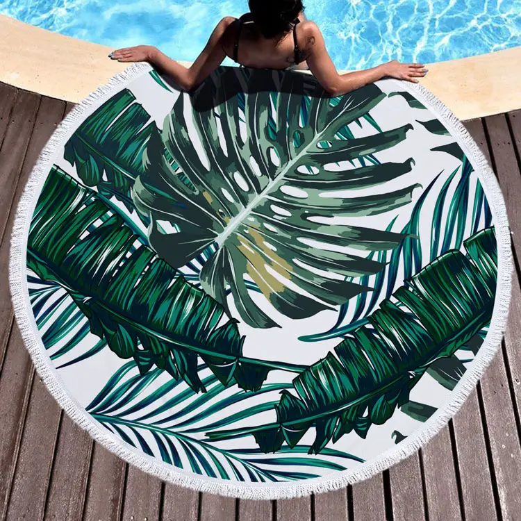 Redonda impresa Toalla de playa suave de fibra borla siento logotipo personalizado alfombra de playa Pareo, pareos
