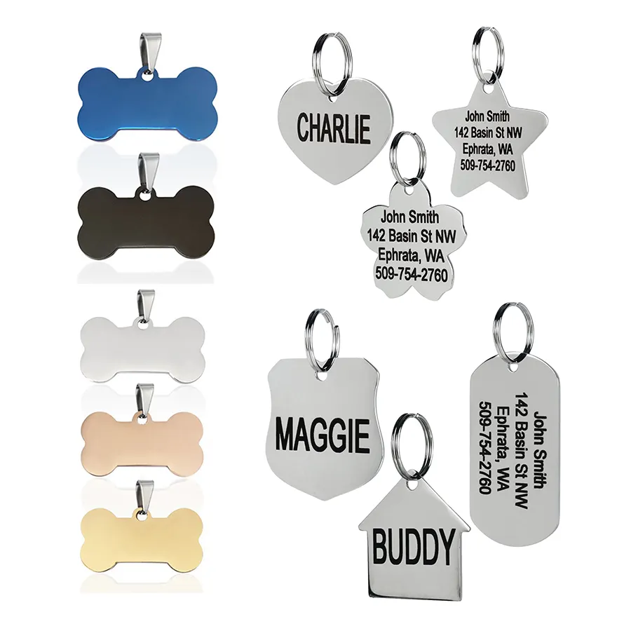 Etiqueta de identificação de animais metálicos, tag de aço inoxidável para cães, identificação de animais de estimação personalizada com nome vazio