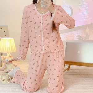 Fabrika toptan pijama pembe katı nightgowns çiçek kadınlar pijamas mujer gecelik nighties örme uzun set kadın pijama