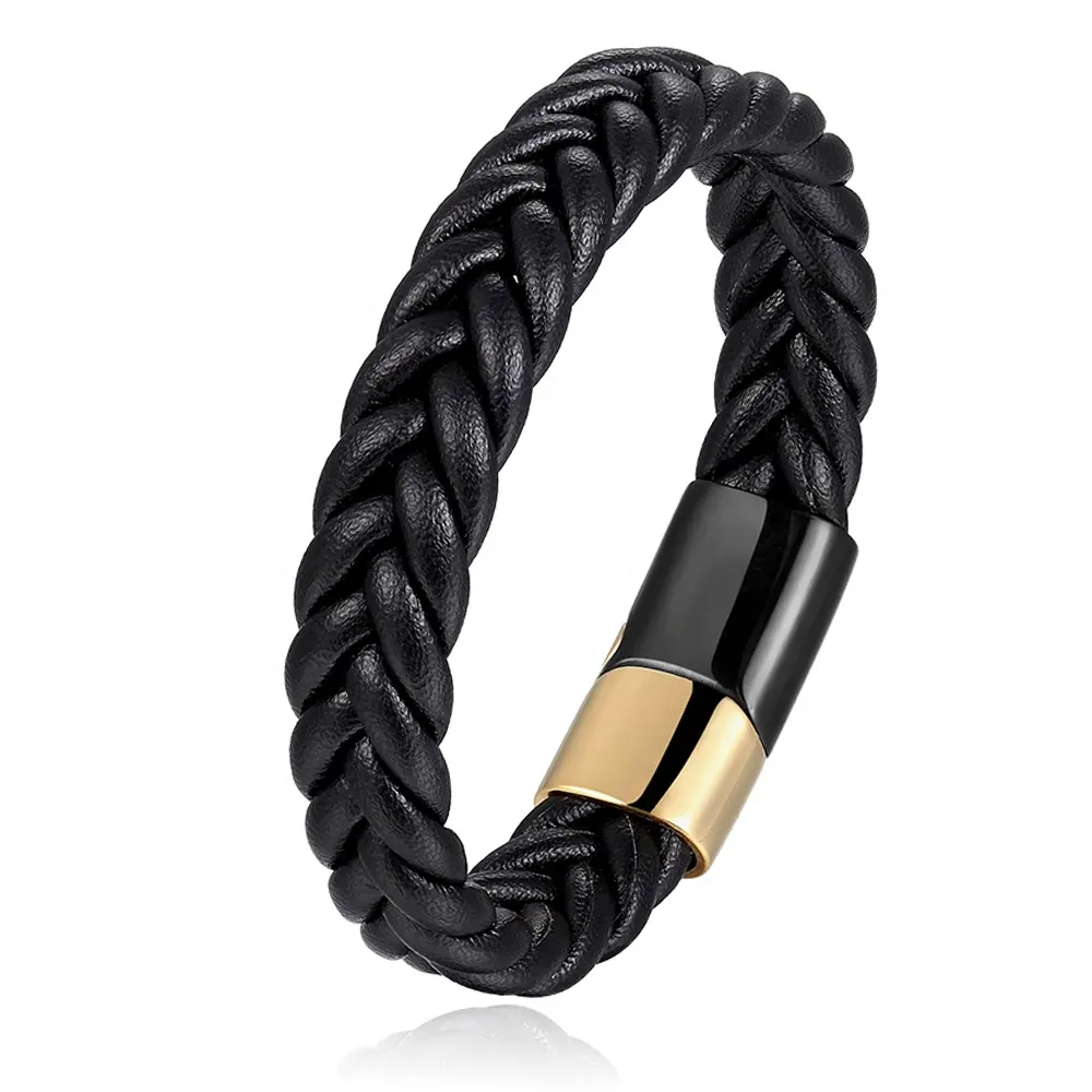 European Fashion Punk Style Design Custom Logo Stainless Steel Magnetic Weave Knit black Genuine Leather Bracelet