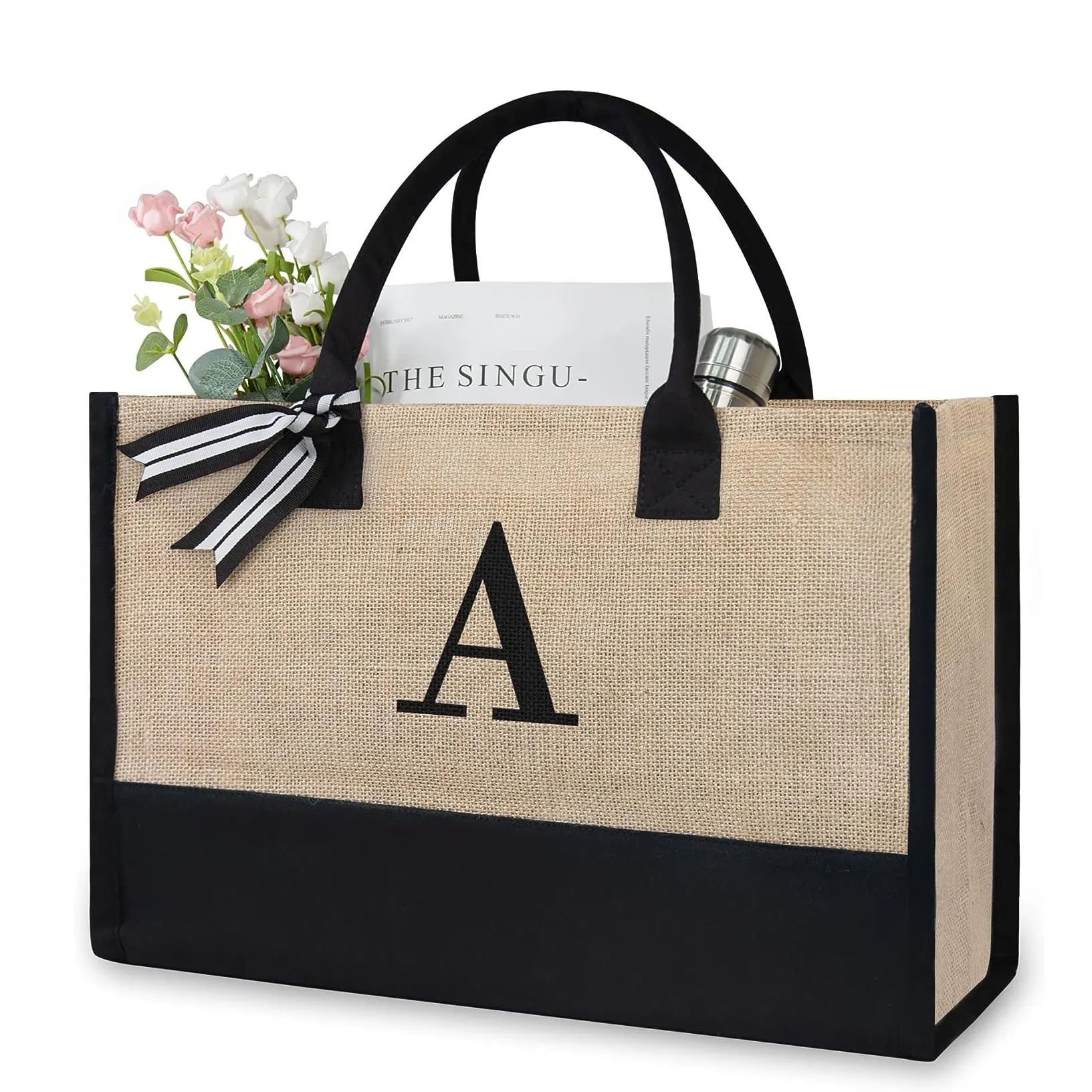 Bolsa de yute usada negra personalizada para compras en la playa, regalos de boda, portátil, resistente al agua, con iniciales