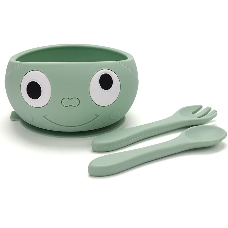 Encantador cuenco de succión de silicona para entrenamiento de animales y cuchara, tenedor, platos y utensilios para bebés, juego de alimentación para niños pequeños