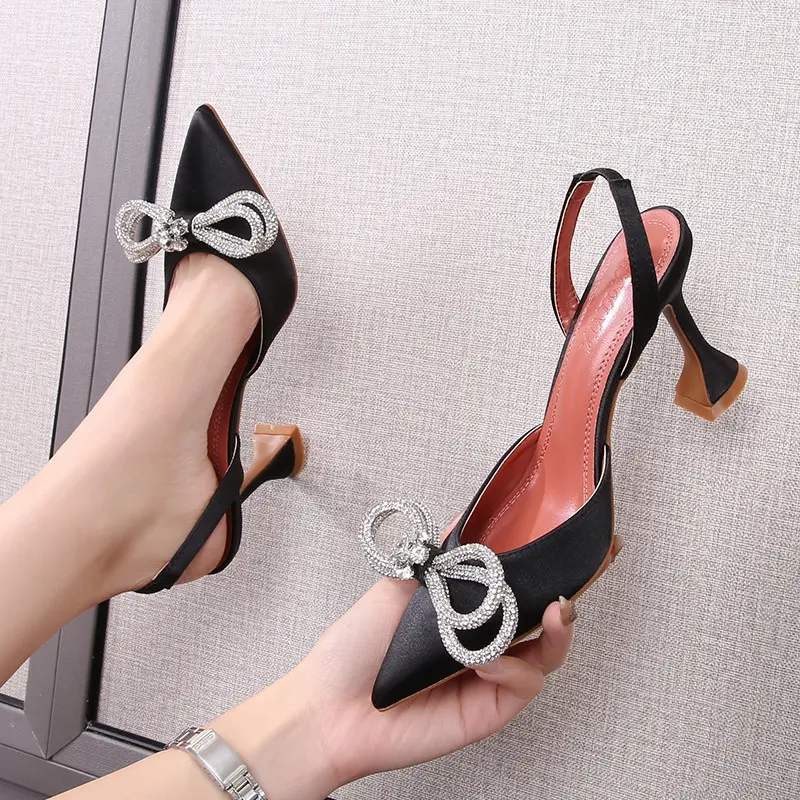 Zapatos de tacón alto con diamantes de imitación para mujer, sandalias bonitas con punta brillante y lazo, para la Oficina