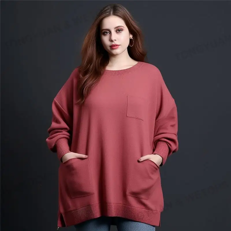 Ropa de gran tamaño para mujer, suéter de manga larga con cuello redondo recto, Color sólido, talla grande, otoño, el mejor precio