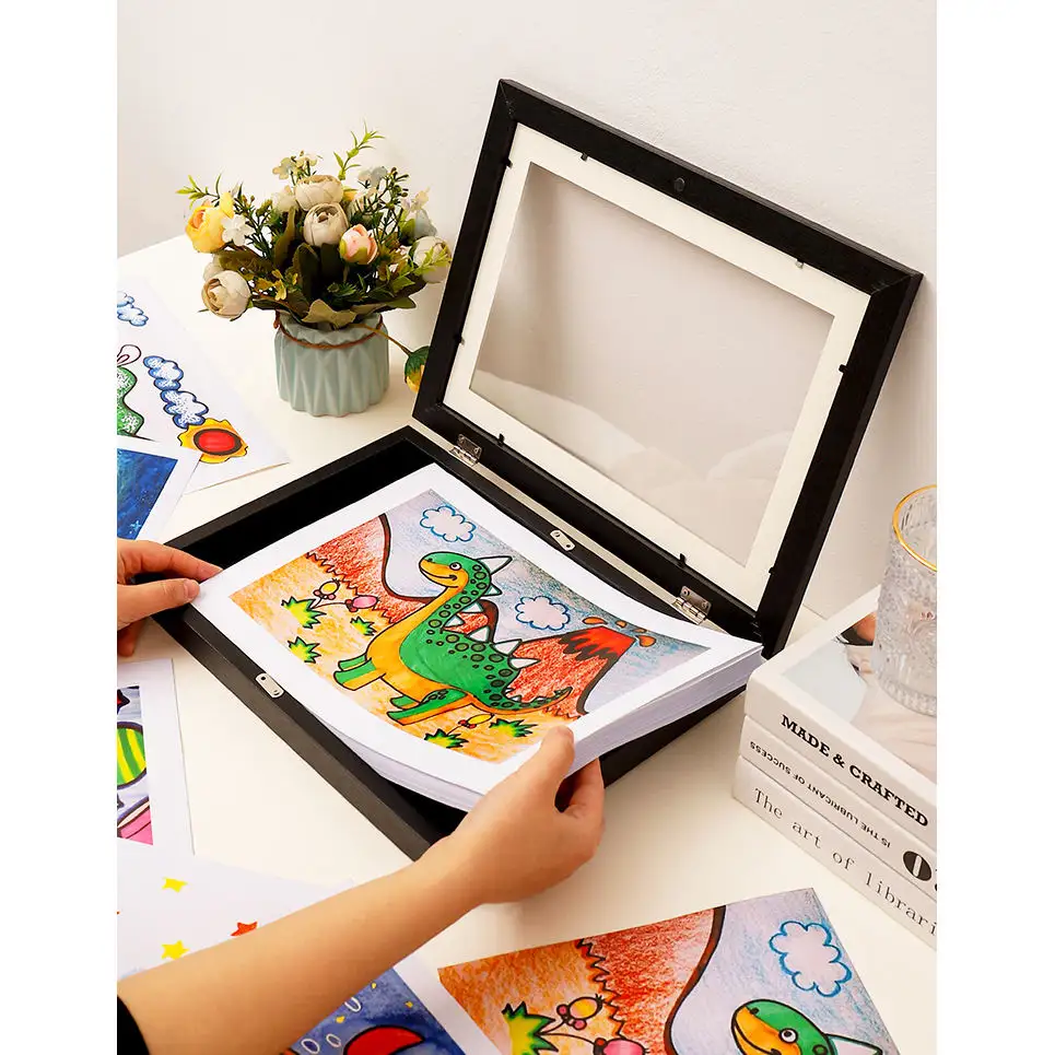 Imán de madera cambiable personalizado apertura magnética niños arte imagen Marco de exhibición de fotos para niños dibujos