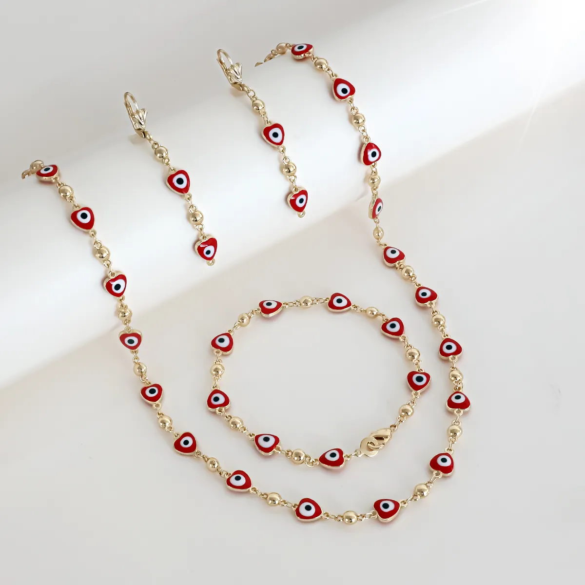 Fashion 14k gold plated drips oil blue red evil eyes jewelry sets necklace bracelet earring evil eyes heart three sets for women