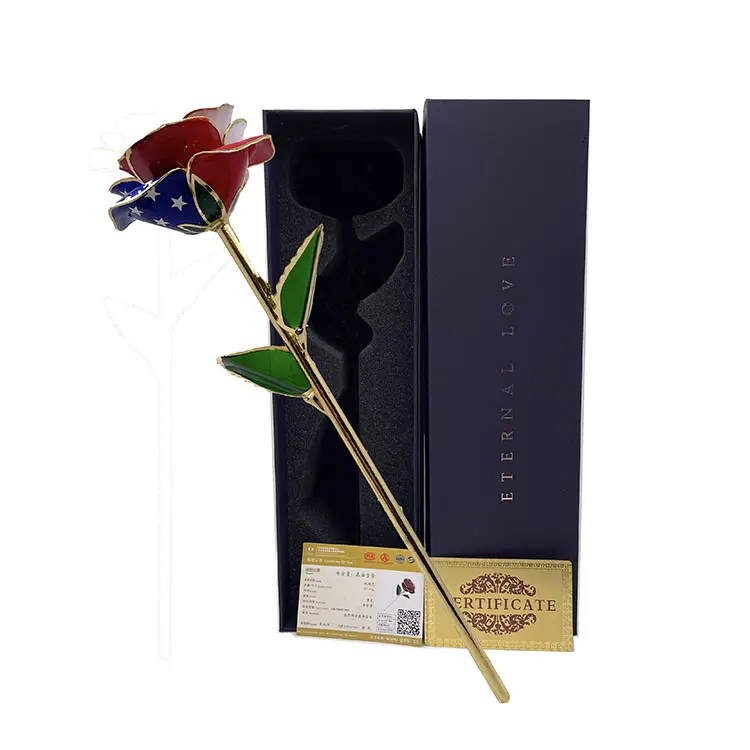 Rosa Artificial bañada en oro de 24k, flores artificiales de la bandera americana, Rosa eterna con caja, regalos de cumpleaños y San Valentín