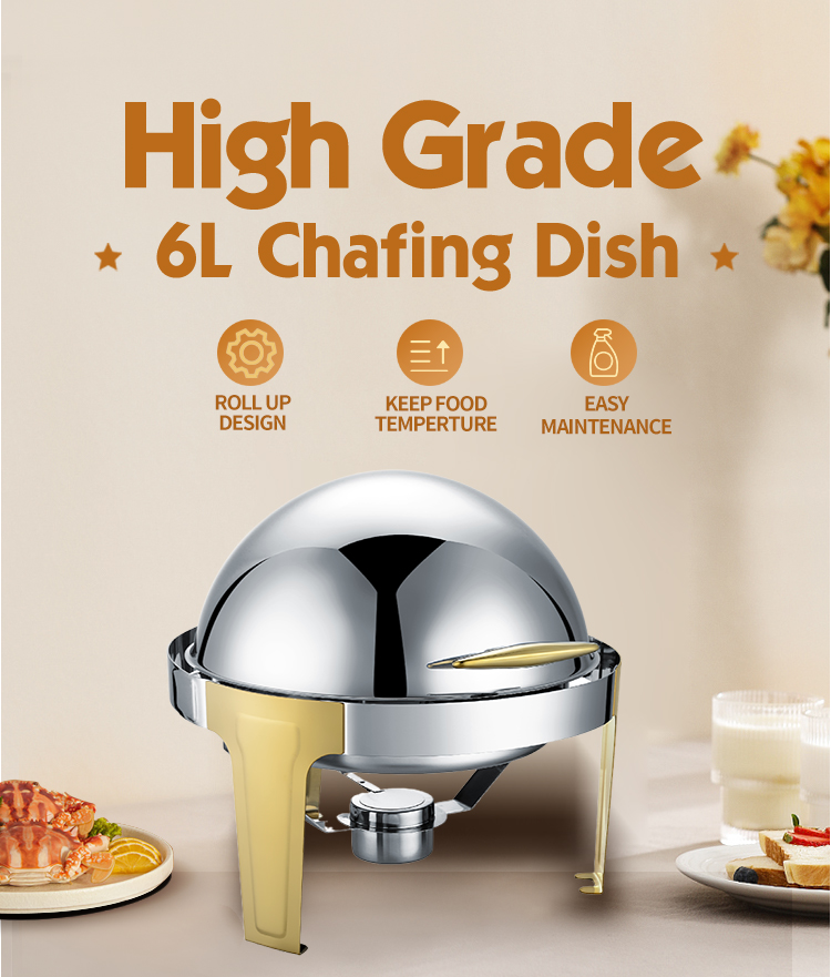 Luxury gold stainless steel metal 6L food warmer buffet Designed cheap roll shape oval chafing dish set